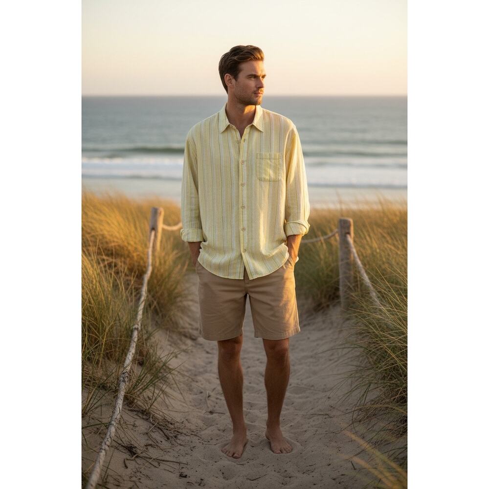 Tommy Bahama Marina Long Sleeve XL Linen Yellow Button Striped Beach Relaxed Fit